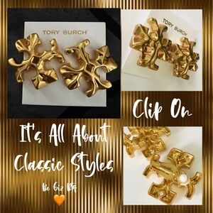 Tory Burch Authentic Bold Double T Golden Roxanne Large Clip On Stud Earrings
